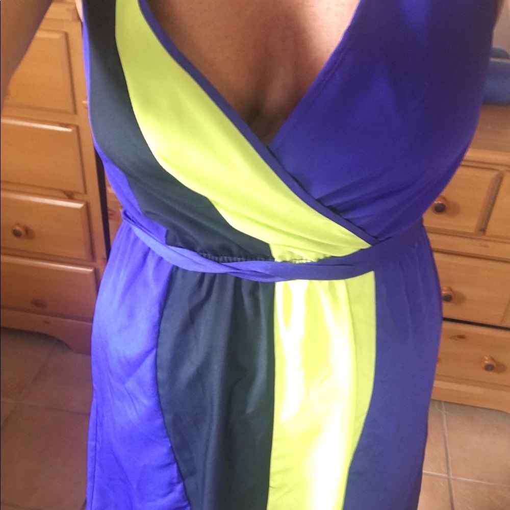Royal purple navy blue lime green dress